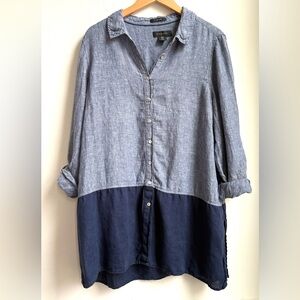 TAHARI 100% LINEN 2 tone BLUE color block chambray button down shirt size 1X